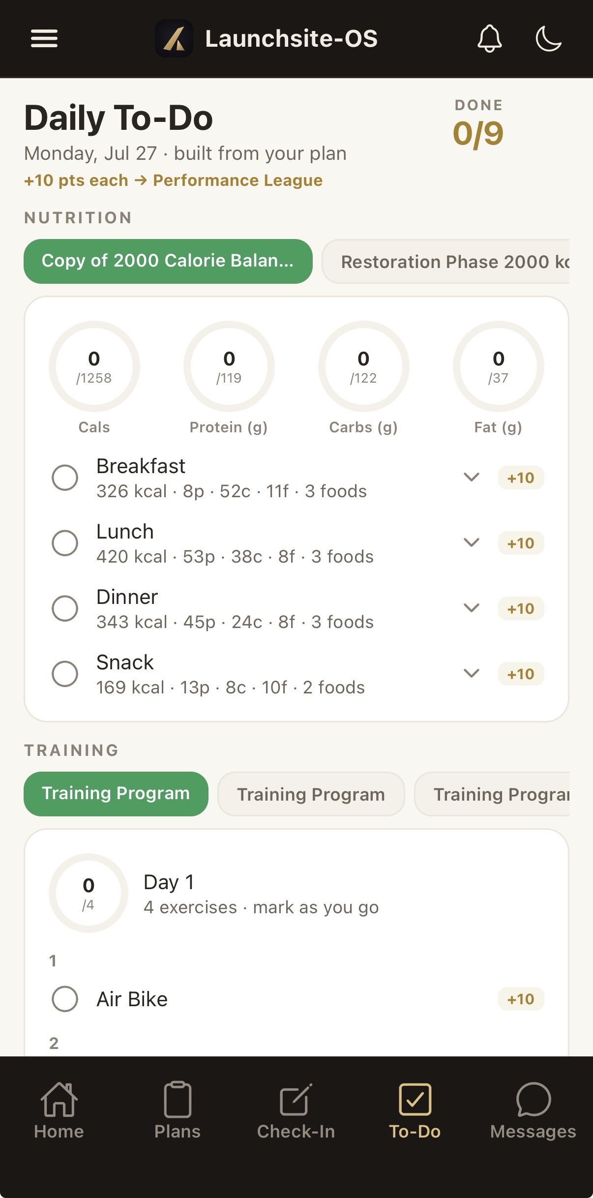 Daily to-do on mobile with calorie and macro rings, meals with per-meal totals, and the day's training block