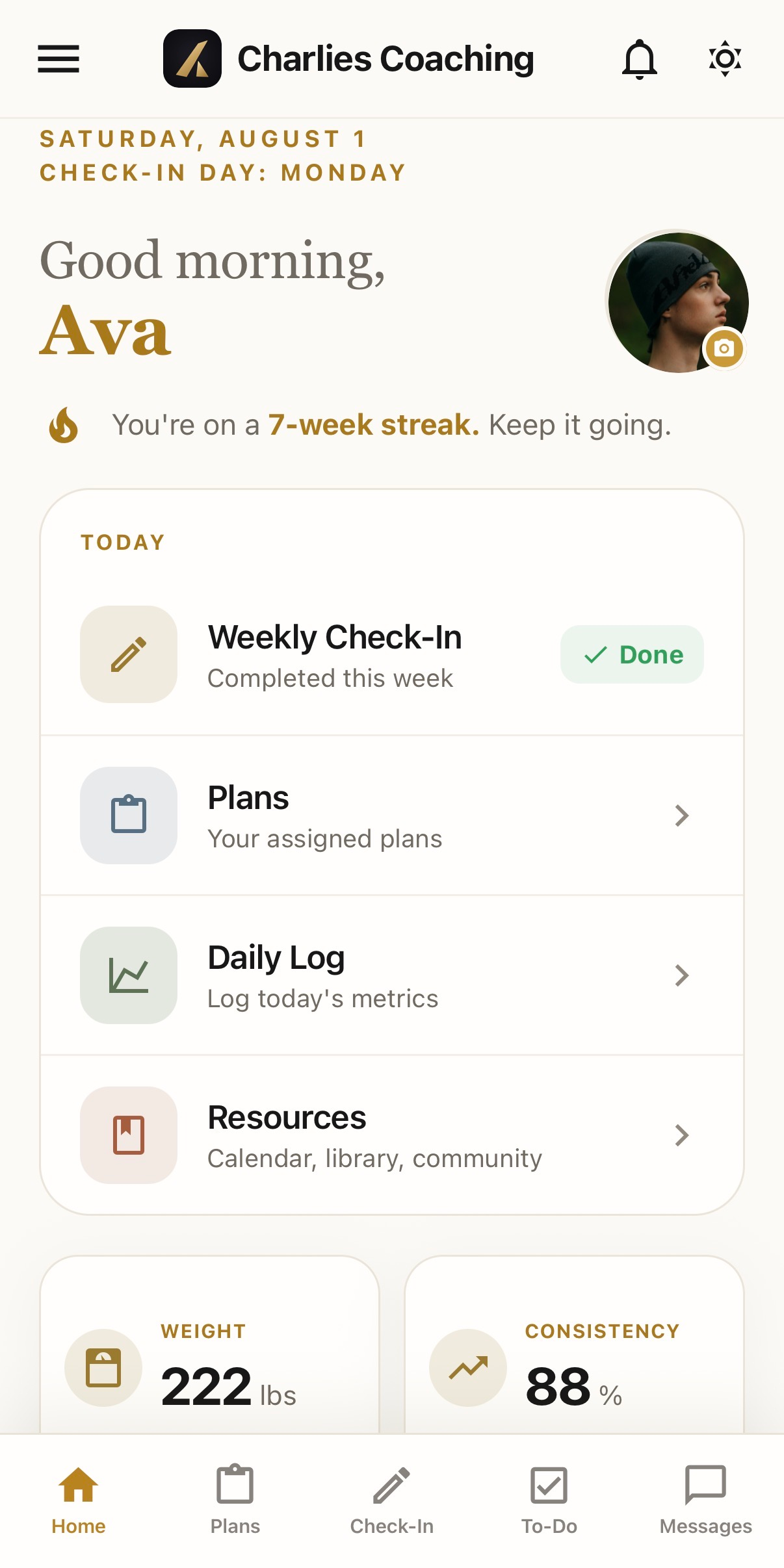Client dashboard on mobile showing assigned plans and current progress