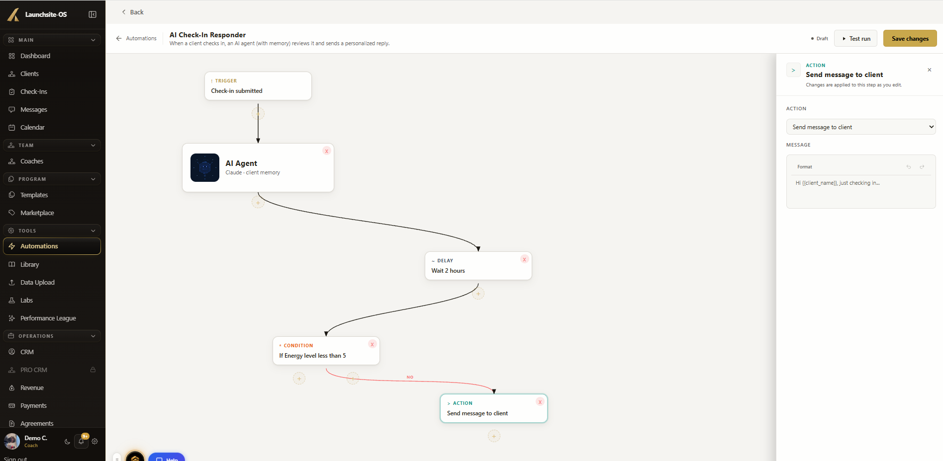 Automation builder canvas with a check-in trigger, an AI agent step, a two hour delay, a condition, and a send message action